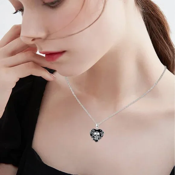 Skull Necklace 925 Sterling Silver Rose Skull Pendant with Austrian Black Heart